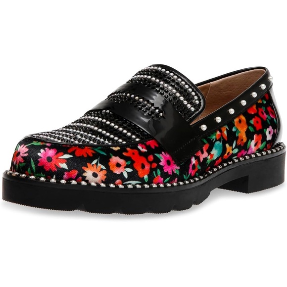 Betsey Johnson Black and Red Floral Flats - Picture 1 of 4